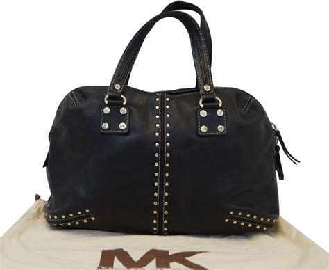 michael kors tote black leather w gold studs and padlock|Michael Kors black leather handbag.